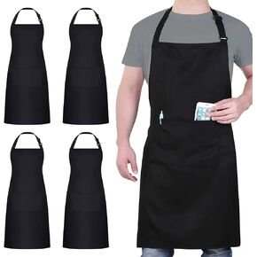 4 Packs Chef Apron, Black Waterproof Apron, Adjustable Apron with 2 Pockets for Men Women, Professional Apron for Kitchen Cooking Gardening Painting Baking Restaurant (Black)