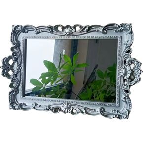 Shell Rectangle Decorative Mirror Tray, French Style, Makeup Organizer, Jewelry Organizer, Serving Tray, 9.3"x 14.9", Silver
