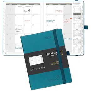 POPRUN Monthly Planner 2024-2025 (6.5'' x 8.5'') 18-Month Calendar Book (Jan.2024-Jun.2025) Soft Cover, Planner with Monthly Tabs & Pocket, 100 GSM Paper - Green