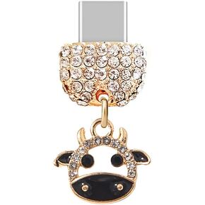 ELISE & FONDA TP215 Type-C USB Charging Port Crystal Anti Dust Plug Tiny Cow Pendant Cell Phone Charm for Samsung Galaxy/Huawei/OnePlus/Xiaomi/oppo Android Phones (Black)