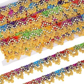 GORGECRAFT 15 Yards Metallic Lace Trim Sequins Beaded Embroidered Edge Ribbon Applique Gimp Braided Woven Tassel Edging Trimmings for Sewing Crafts Christmas Halloween Home Curtain Wedding Decoration