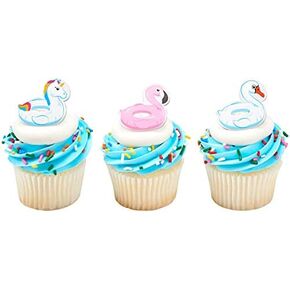 24 Pool Floaties Cupcake Rings Toppers Flamingo Unicorn Swan