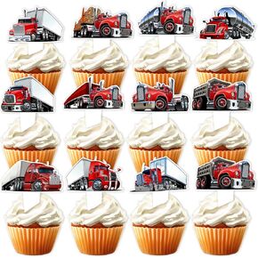 24pcs Double-sided Truck Car Dessert Cupcake Topper Pick for Transportation Vehicle Theme Decorations Baby Shower Boys Girls Happy Birthday Party Decor Supplies