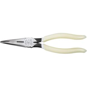 Klein Tools D203-8-GLW Long Nose Pliers, Hi-Viz Glow In the Dark Pliers with Extended Grips For Reach and Leverage, 8-Inch