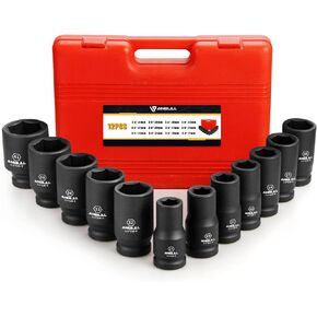 Anbull 3/4 Inch Drive Deep Impact Socket Set, 12 Piece Metric Combination, Sizes 17mm 19mm 21mm 22mm 24mm 27mm 30mm 32mm 33mm 36mm 38mm 41mm Hex Socket Set, 6 Point Design, Cr-V Chrome Vanadium Steel