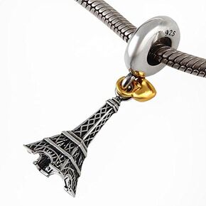 The Paris Eiffel Tower Charm with Golden Heart 925 Sterling Silver Dangle Beads fit for Fashion Charms Bracelet & Necklace