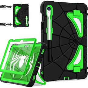 Galaxy Tab S9 FE Case 10.9 Inch/Galaxy Tab S9 Case 11 Inch, Kids Friendly Shockproof Case with Screen Protector Shoulder Strap for Samsung S9 FE / S9 Tablet 2023 Release, Black Green