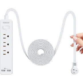 Long Extension Cord 15 ft, NTONPOWER Wall Mount Power Strip Flat Plug with 3 Outlets 2 USB, Ultra Thin Flat Extension Cord Under Carpet, Rug, Door, Overload Protection for Home Office Indoor, White