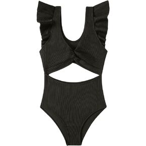WDIRARA Girl's Cut Out Ruffle Trim Twist One Piece Swimsuit V Neck Swimwear