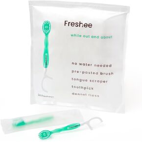 5 in 1 Disposable Mini Toothbrush with Toothpaste + Floss + Pick + Tongue Scraper | Travel Size | Individually Wrapped | Soft | Mint | Travel Set | Oral Care
