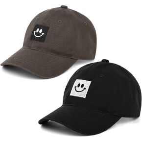 2 Pack Kids Smiley Face Baseball Cap for Girls Boys,Adjustable Washed Cotton Baseball Hat with Ponytail