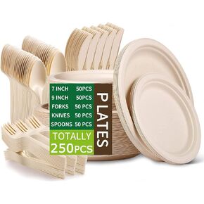 Jeopace Heavy Duty Paper Plates Set for Dinner,Disposable Paper Plates Set Eco Friendly,Sugarcane Bagasse 9 Inch and 7 Inch Party Plates,Forks,Knives and Spoons Set for 50 People [250 PCS]