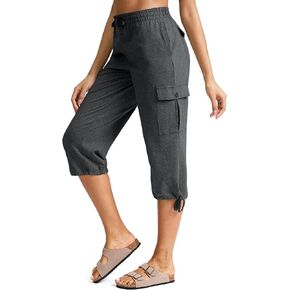 SANTINY Womens Cotton Cargo Capris Soft Stretch Drawstring Travel Casual Capri Pants for Women with 6 Pockets