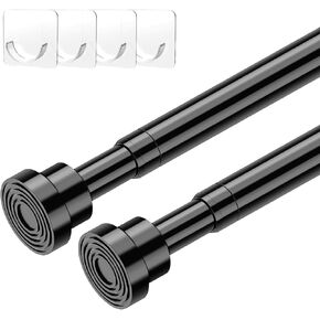 2pcs Tension Curtain Rod 33 to 58 No Drilling Spring Tension Rod Adjusting Black Curtain Rod No Drilling Non-Slip Expandable Spring Loaded Curtain Tension Rods for Window, Doorway, Closet, Wardrobe