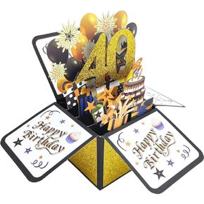 Glittery 3D Birthday Pop Up Card Gold with Envelope - Gold and Black Happy Birthday Greeting Card, Perfect Congratulation Card and Personalized Gift for Birthday Party