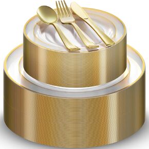 125 Piece Gold Dinnerware Party Set - 50 Gold Rim Clear Plastic Plates, 25 Dinner 25 Dessert Plates, 25 Knives, 25 Forks, 25 Spoons - 25 Guest Disposable Set for Wedding Birthday Parties