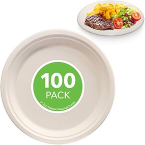 Stock Your Home 100% Compostable Plates 9 Inch (100 Count) Large Heavy Duty Biodegradable Paper Plate for Dinner, Eco-Friendly Recyclable Disposable Sustainable, Natural Bagasse