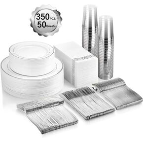 350 Piece MCIRCO Gold Dinnerware Set - 100 Gold Rim Plastic Plates - 50 Gold Plastic Silverware - 50 Gold Plastic Cups - 50 Gold Paper Napkins, 50 Guest Disposable Gold Dinnerware Set