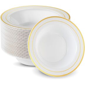 Munfix 50 Gold Plastic Bowls Set, 12oz Disposable Soup Bowls, Fancy Party Bowls, Heavy Duty Cereal Bowls, Elegant Dinner Bowls, White with Gold Rim Dessert Bowls