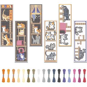 FREEBLOSS 6 Set Cross Stitch Bookmark Kits Bookmark Embroidery Kit Counted Crossstitch Projects Cat and Book Pattern Cross Stitch Bookmarks Cross Stitch Kit for Beginners Adults