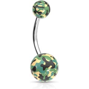14GA 316L Stainless Steel Acrylic Camouflage Printed Balls Belly Button Ring