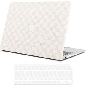 Compatible with MacBook Air 13 inch Case 2022 2021 2020 2019 2018 M1 A2337 A1932 A2179 Touch ID & Retina Display, Elegant Leather Plastic Hard Shell Case with Keyboard Cover, Beige PVC Grid