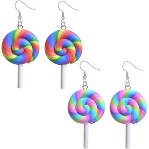 DAMLENG 2 Pairs Creative Unique Simulation Food Colorful Rainbow Lollipop Dangle Earrings Handmade Kawaii Candy Ice Cream Earrings Set for Women Girls Jewelry (Red + Green)