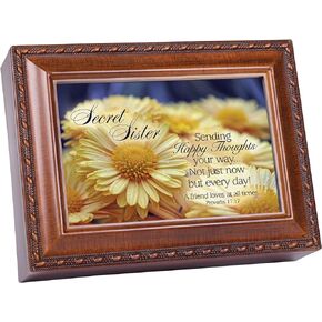 Cottage Garden Secret Sister Sending Happy Thoughts Woodgrain Rope Trim Jewelry Music Box Plays Thy Faithfulness