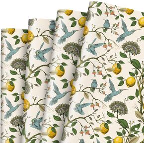 JarThenaAMCS 6 Sheet Bird Lemon Wrapping Paper -Not Roll- Vintage Summer Gift Wrap Paper Folded Flat DIY Art Craft Paper for Birthday Party Packaging, 19.7 x 27.6 Inch