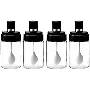 Kitchen Clear glass Spice Jars Seasonning Box Set of 4 with Spoons, Seasoning Containers Bottles with Black Cap,10oz for Home and Kitchen (4)