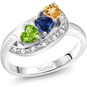 Gem Stone King 925 Sterling Silver Customized and Personalized Engagement Promise Name Engraved 3 Heart Shape 4MM Gemstone Birthstone Ring For Her Women
