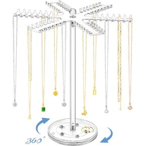 منظم مجوهرات دوار من الأكريليك، حامل منظم القلادة الشفاف مع 84 خطافًا، حامل عرض القلادة الدوارة للقلائد والأساور والخواتم والأقراط in Kuwait