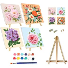 SupaDiya Framed with Easel 4 Pcs DIY Paint by Numbers Kit for Adults Beginners, Flower Lemon Easy Acrylic Watercolors Oil Number Painting Art on Canvas with Easel for Home Wall Decor and Gift 8x8inch