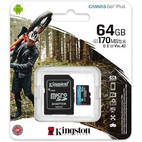 Kingston 64GB microSDXC Canvas Go Plus 170MB/s Read UHS-I, C10, U3, V30, A2/A1 Memory Card + Adapter (SDCG3/64GBCR)