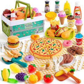 78Pc Pretend Play Food for Kids Kitchen, Cutting Toy Food with Storage Basket, Play Kitchen Accessories, Food Toys with Veggies, Fruits, Fake Food with Pizza Toy, Pretend Food, Boys Girls Gift