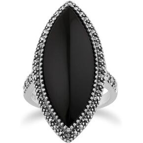 Gemondo Art Deco Ring, 925 Sterling Silver 12.5ct Black Onyx & Marcasite Statement Ring