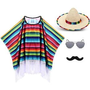 Yahenda 4 Pcs Mexican Party Costume Set for Kids 35 x 35'' Cinco De Mayo Fiesta Serape Poncho Costume Accessory Includes Mexican Fiesta Serape Poncho Mexican Sombrero Hat Sunglasses and Mustache
