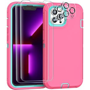 FEIYAR HOME for iPhone 13 Pro Max Heavy Duty Case with 2 Tempered Glass Protectors - Military Grade Shockproof, Pink Blue