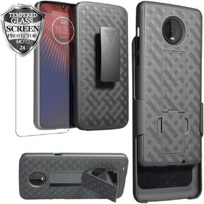Moto Z4 Case Holster, Motorola Moto Z4 Play Screen Protector Glass, Ailiber Slim Rugged Shockproof Skidproof Armor/Belt Clip/Kickstand 2in1 Hard Protective Cover for Moto Z4Play / MotoZ4 - Black