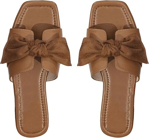 OYOANGLE Women's Square Open Toe Flat Sandals Bow Decor Slide Sandals Summer Comfort Shoes in Saudi Arabia