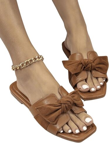 OYOANGLE Women's Square Open Toe Flat Sandals Bow Decor Slide Sandals Summer Comfort Shoes in Saudi Arabia