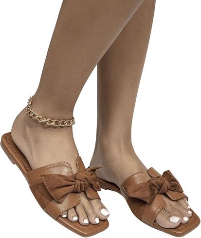 OYOANGLE Women's Square Open Toe Flat Sandals Bow Decor Slide Sandals Summer Comfort Shoes in Saudi Arabia