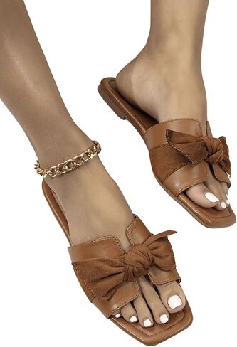 OYOANGLE Women's Square Open Toe Flat Sandals Bow Decor Slide Sandals Summer Comfort Shoes in Saudi Arabia