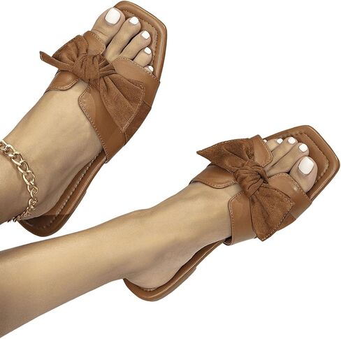 OYOANGLE Women's Square Open Toe Flat Sandals Bow Decor Slide Sandals Summer Comfort Shoes in Saudi Arabia