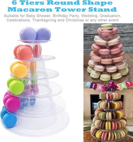 6 Tiers Round Macaron Tower Stand Plastic Transparent Cake Stand Macaron Display Rack Desserts Cupcake Holder Platter for Baby Shower, Birthday Party, Wedding, Party Decor in Saudi Arabia