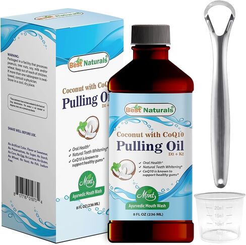Best Naturals Coconut Pulling Oil with Vitamin D3, E, K2 & COQ10-8 Fl OZ Helps with Fresh Breath, Teeth & Gum Health - Made with Essential Oils in Saudi Arabia
