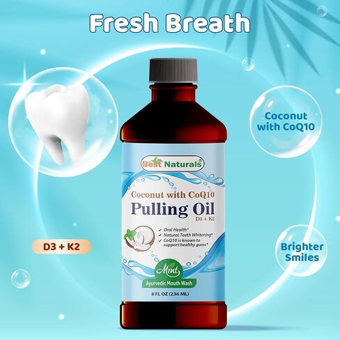 Best Naturals Coconut Pulling Oil with Vitamin D3, E, K2 & COQ10-8 Fl OZ Helps with Fresh Breath, Teeth & Gum Health - Made with Essential Oils in Saudi Arabia