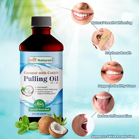 Best Naturals Coconut Pulling Oil with Vitamin D3, E, K2 & COQ10-8 Fl OZ Helps with Fresh Breath, Teeth & Gum Health - Made with Essential Oils in Saudi Arabia