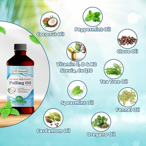 Best Naturals Coconut Pulling Oil with Vitamin D3, E, K2 & COQ10-8 Fl OZ Helps with Fresh Breath, Teeth & Gum Health - Made with Essential Oils in Saudi Arabia