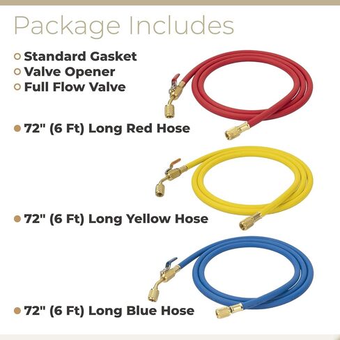 صمام كروي بديل لخرطوم 29986 Plus II 1/4 بوصة 72 بوصة مع صمام كروي مدمج R-410A، 3 عبوات (أزرق أصفر أحمر) in Kuwait